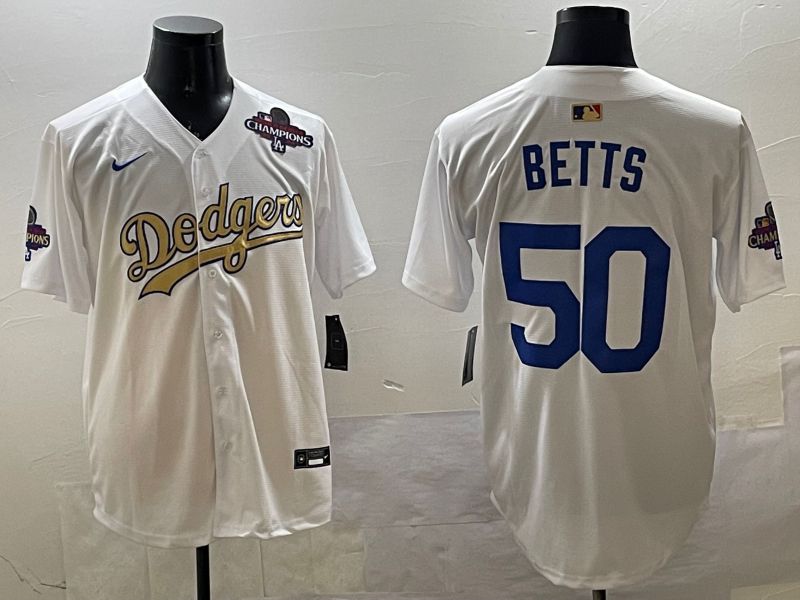 Men Los Angeles Dodgers #50 Betts White Champion gold character 2025 Nike MLB Jersey style 3312->los angeles dodgers->MLB Jersey